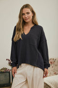 Split Neck Raw Edge Long Sleeve Ribbed Knit Top
