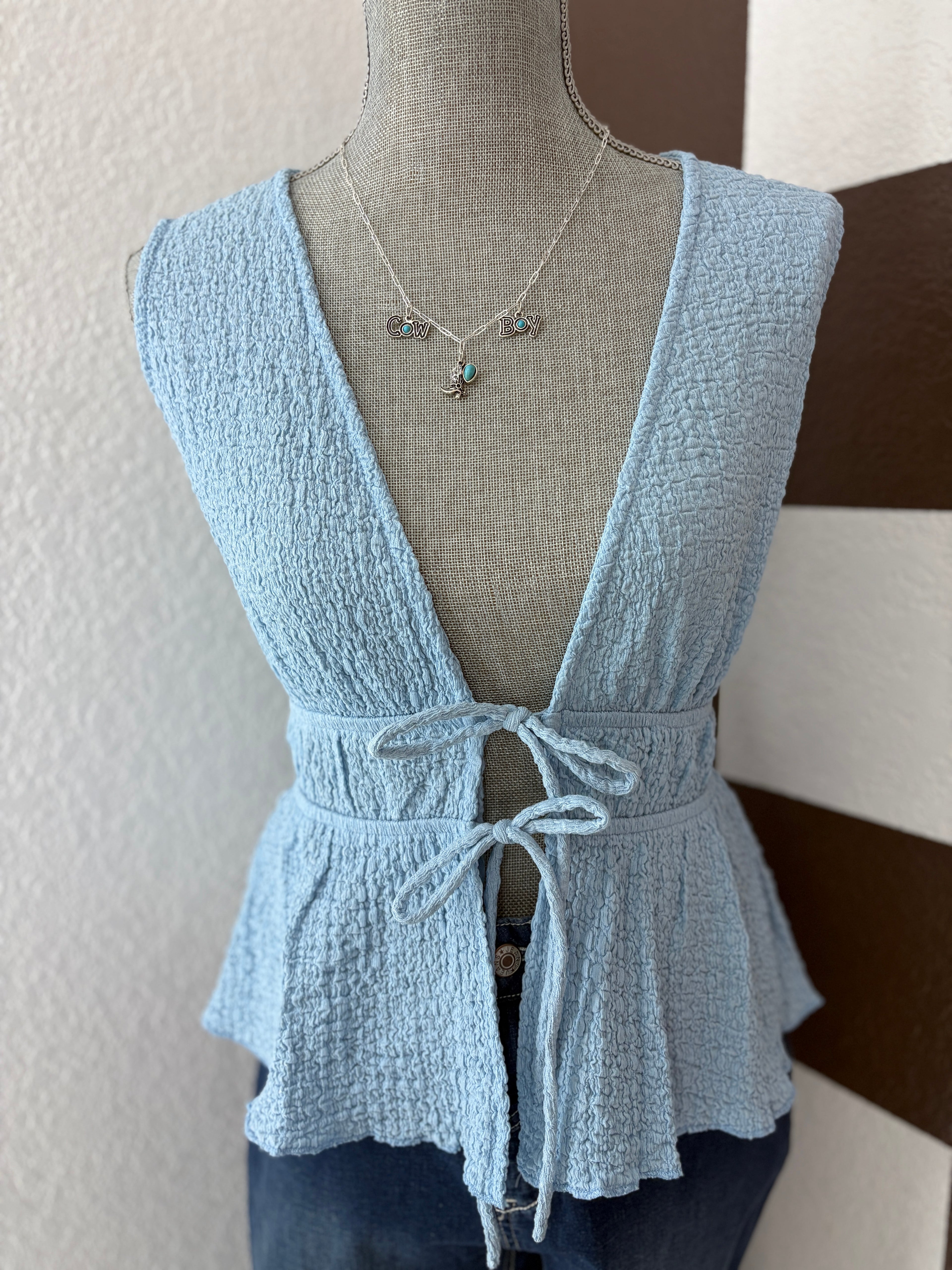 Textured Front Tie top Blue
