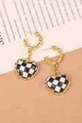 Black Checkered Heart Dangle Gold Plated Twisted Hoop Stud Earrings
