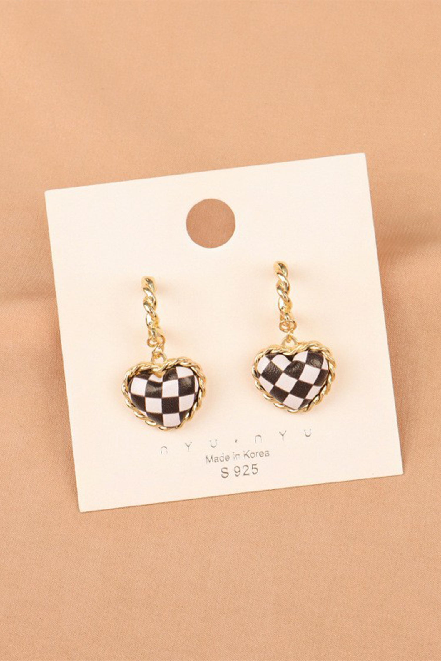 Black Checkered Heart Dangle Gold Plated Twisted Hoop Stud Earrings