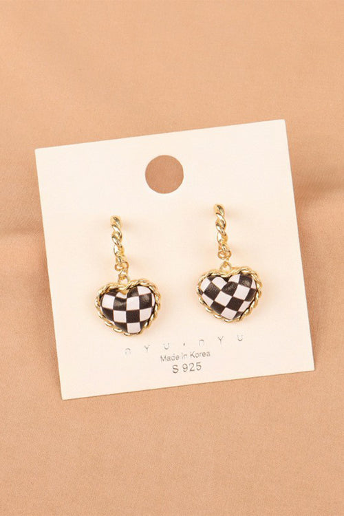 Black Checkered Heart Dangle Gold Plated Twisted Hoop Stud Earrings