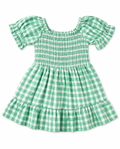 Green Plaid Gathered Short Sleeve Girls Dress