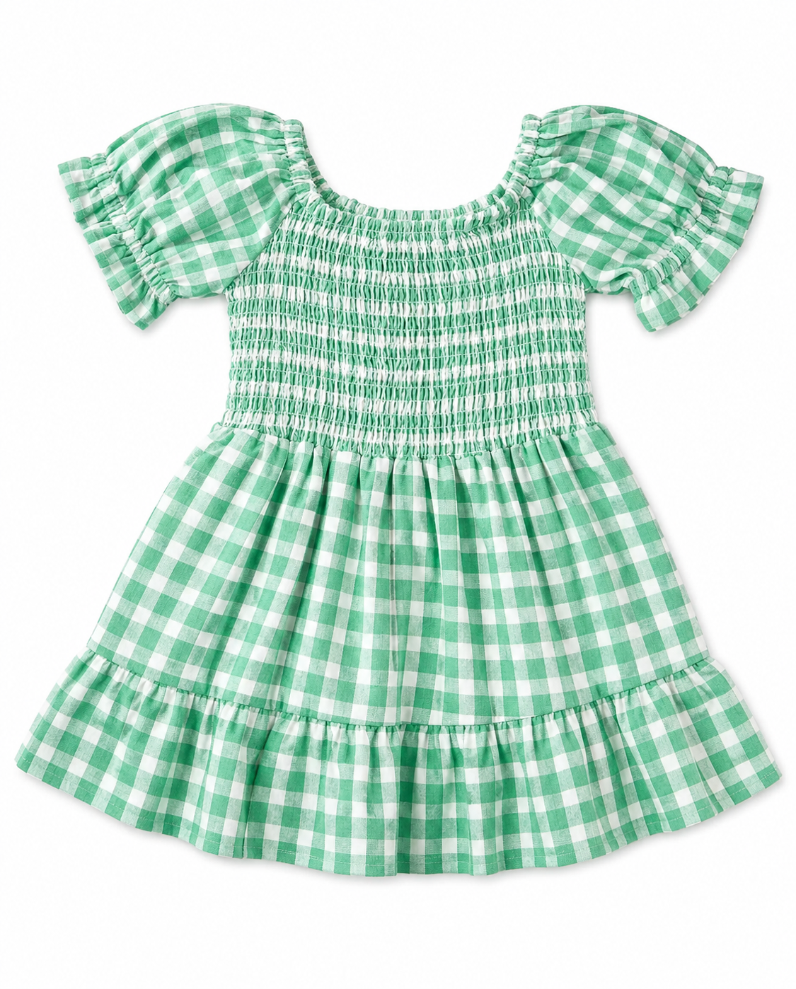 Green Plaid Gathered Short Sleeve Girls Dress