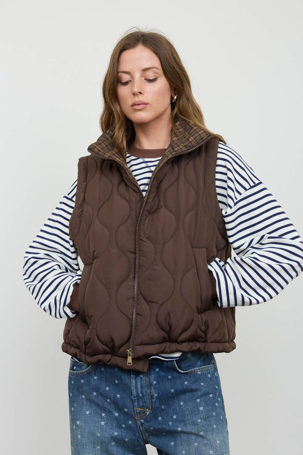 Plaid Collar Quilted Zip-Up Vest