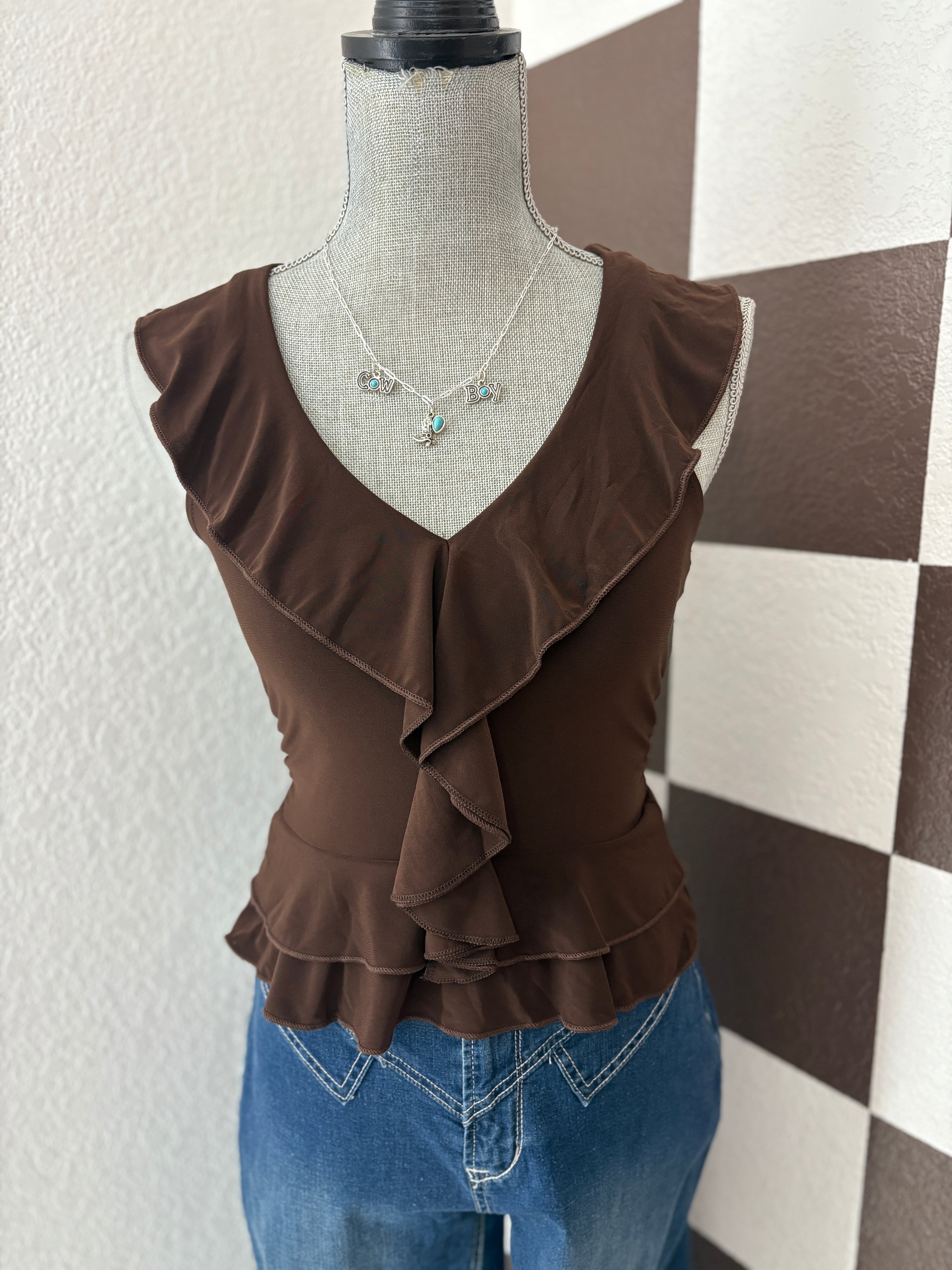 Ruffle Trim Sleevless Peplum Top brown
