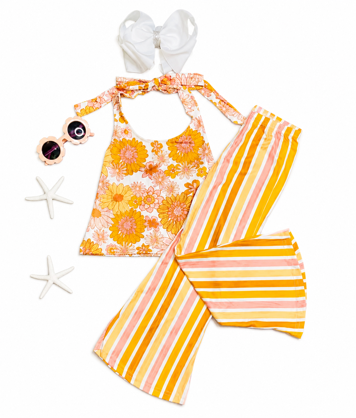 Yellow & Orange Floral & Stripped Halter Top 2pc Set