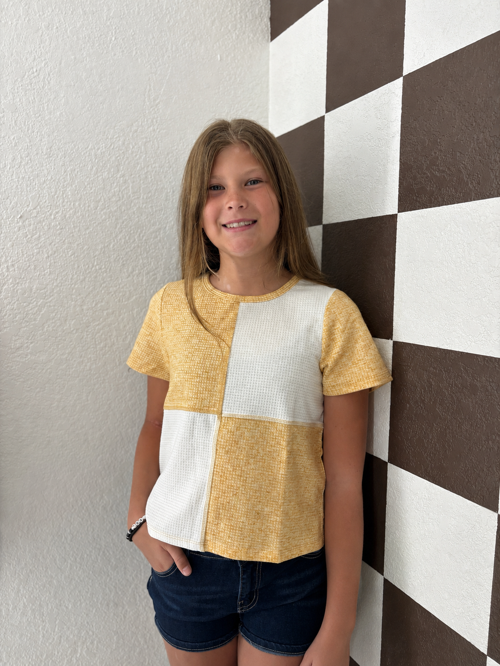 Girls Contrast Panel Waffle Knit Stitch Detail Top