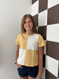 Girls Contrast Panel Waffle Knit Stitch Detail Top