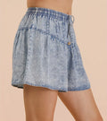 Washed Chambray Button Down Flare Shorts