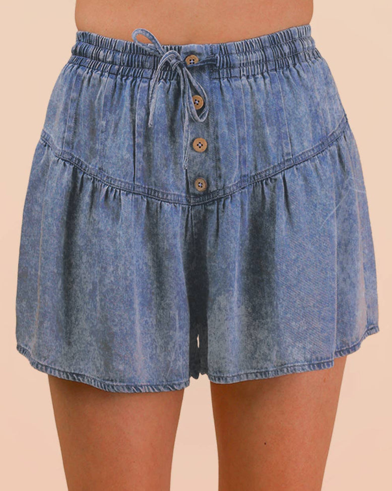 Washed Chambray Button Down Flare Shorts