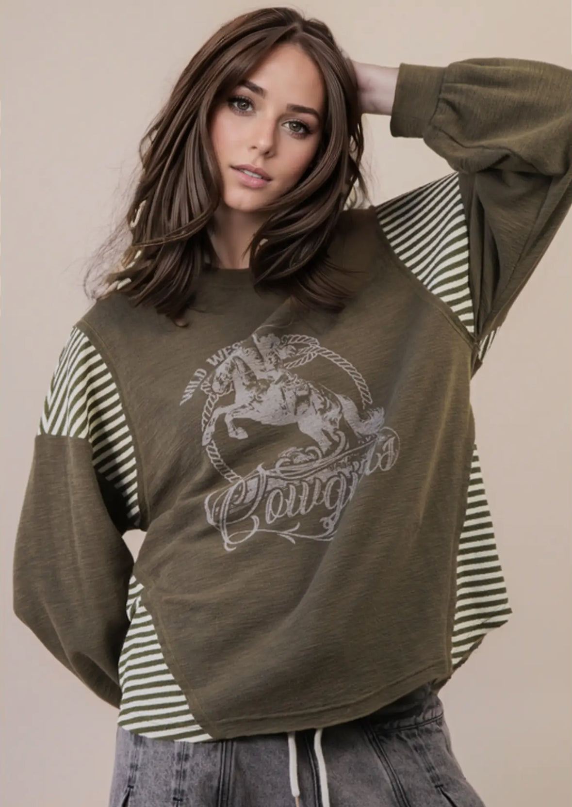 Oversized Mixed Media Western Graphic Knit Top