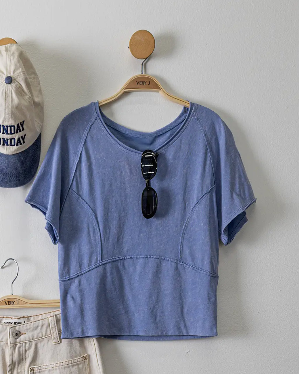 Mineral Washed Knit Fitted Casual Crop Top Denim