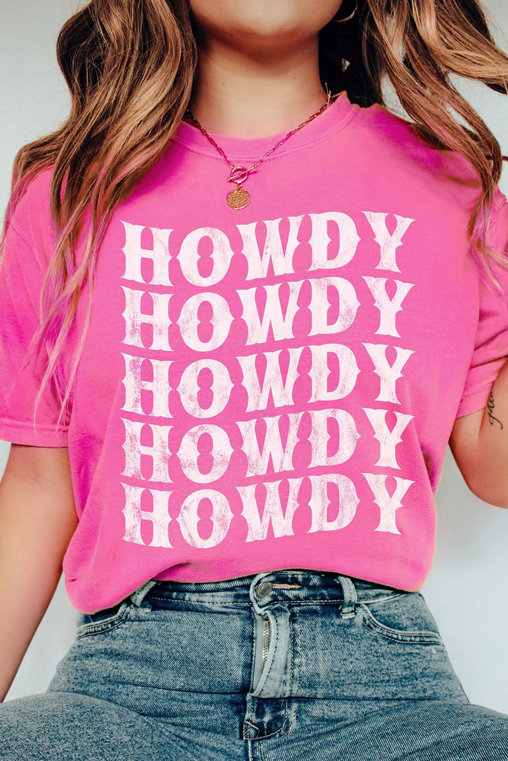 Pink HOWDY Graphic Western Crew Neck Tee