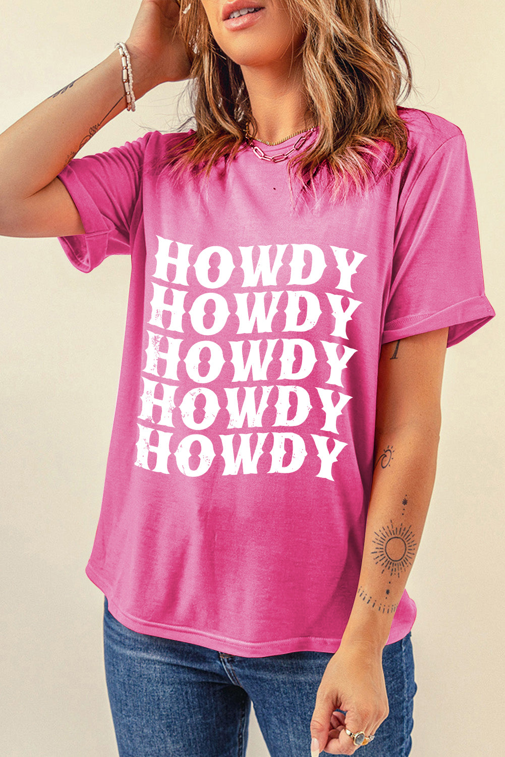 Pink HOWDY Graphic Western Crew Neck Tee